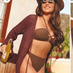 Brown Ribbed Bandeau Bikini Set with High-Cut Bottom